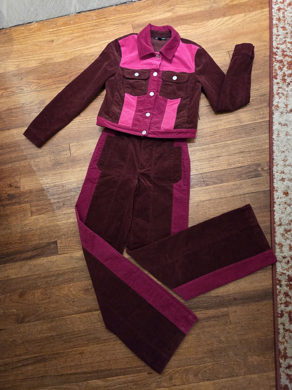 INC International Concepts Two-Piece Corduroy Set in Burgundy and Hot Pink